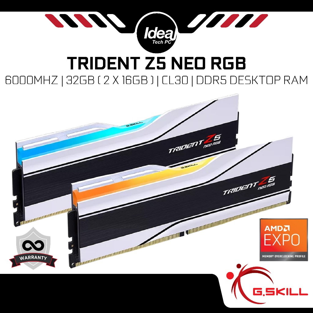 G.SKILL TRIDENT Z5 NEO RGB สีขาว 6000MHZ 32GB CL30 1.35V AMD EXPO DDR5 DESKTOP RAM