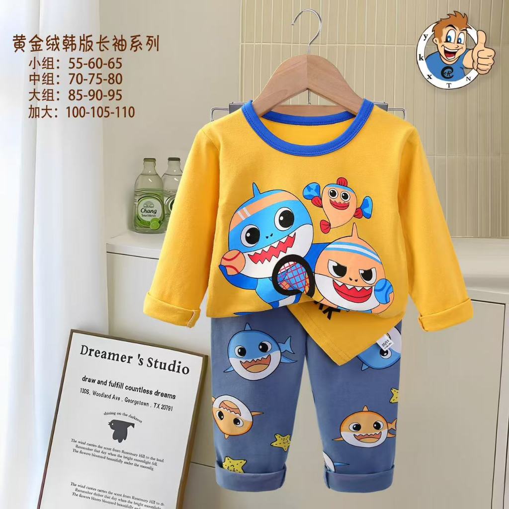 QPyjamas สไตล์เกาหลีเกาหลีวัสดุ Baby Doo Shark ชุดนอนชุดนอนชุดแขนยาวกางเกงขายาว