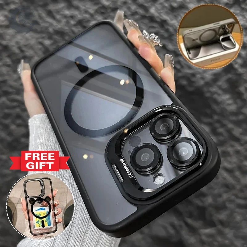 FREE LENS PROTECTORMagnetic Phone Casing For Iphone With Metal Lens Bracket Phone Stand กันกระแทก Ip