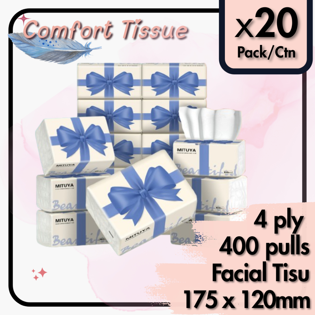 [400 ชิ้น] 8000 ดึง MITUYA Blue Ribbon Tissue 4 Ply Wood Pulp Tisu Lembut Cheerful Tisu Muka