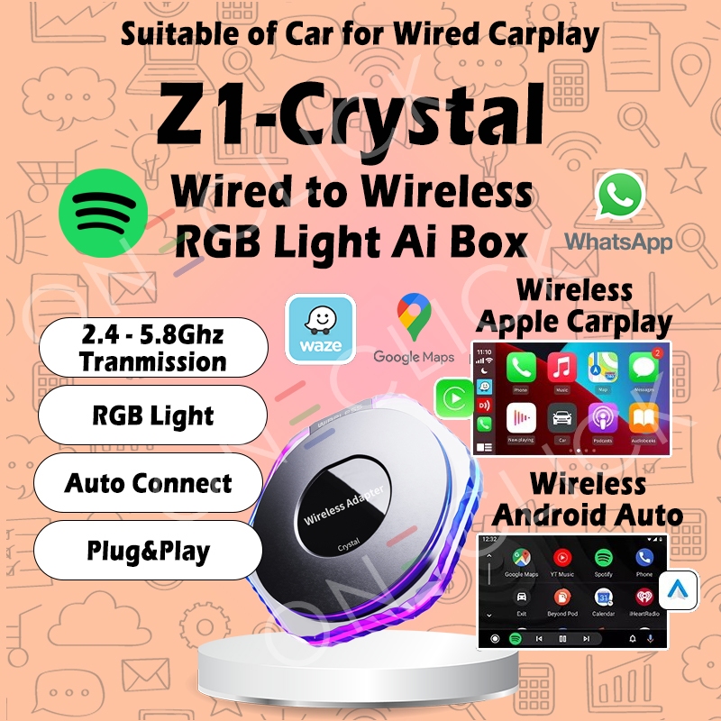 Z1-Crystal 2 in 1 Wireless Carplay/Android Auto Adapter แบบมีสายกับไร้สาย Apple Carplay สําหรับรถยนต