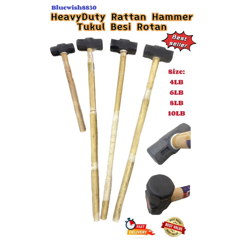 4LB 6LB 8LB 10LB BLACKSMITH SLEDGE HAMMER WITH CANE RATTAN ROTAN HANDLE (ค้อนเลื่อน) TUKUL BESI ROTA