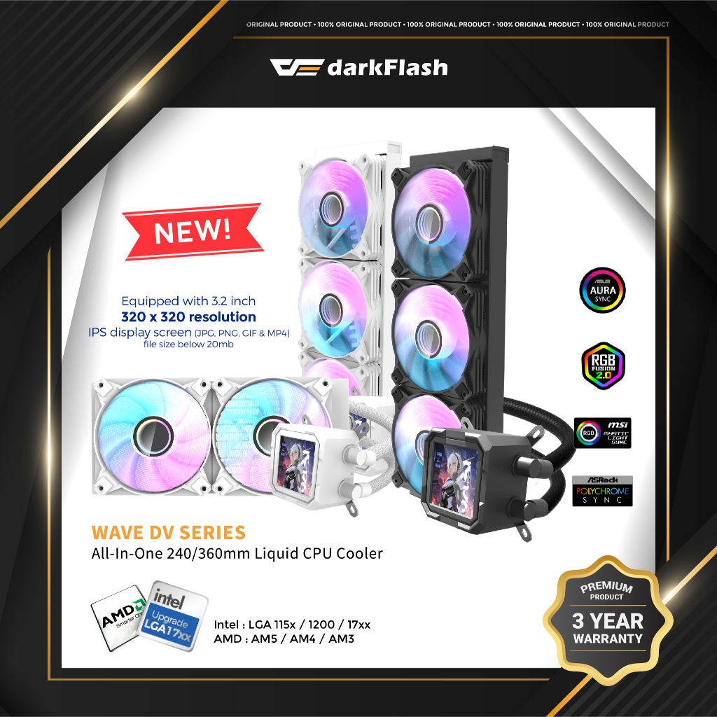 DarkFlash Wave DV Series ARGB Liquid CPU Cooler พร้อมหน้าจอ IPS LCD 320x320 - DV240S DV360S