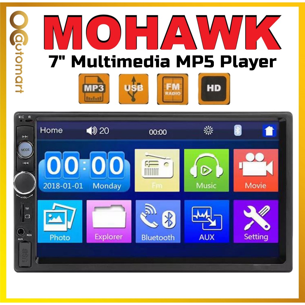 Mohawk หรือ Roadmark 7" นิ้ว Double DIN หน้าจอสัมผัสบลูทูธ MP5 MP3 1080P วิดีโอ FM/SD/ USB AUX (ไม่ม