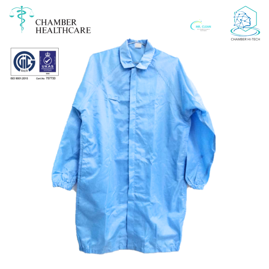 Chambers ESD Cleanroom เสื้อแจ็คเก็ตยาวพิเศษ [ดีไซน์: ปกติ; คอปก: ทรงปีก; สี: สีฟ้าอ่อน]