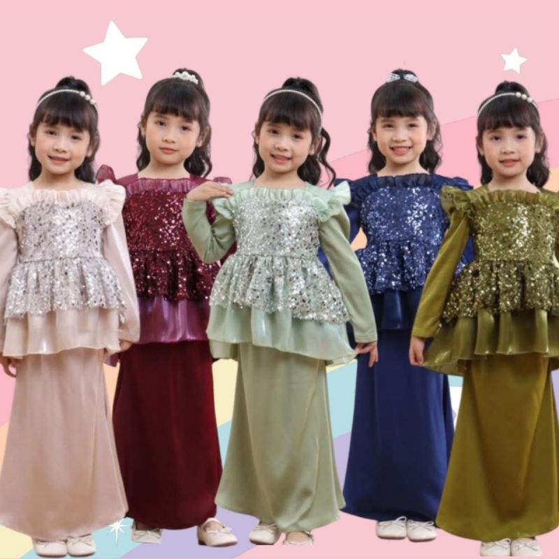 Baju Raya Rabia Peplum Lace Pearl Sequin Bracket Modern Baju Raya Girls Baju Sedondon Sister