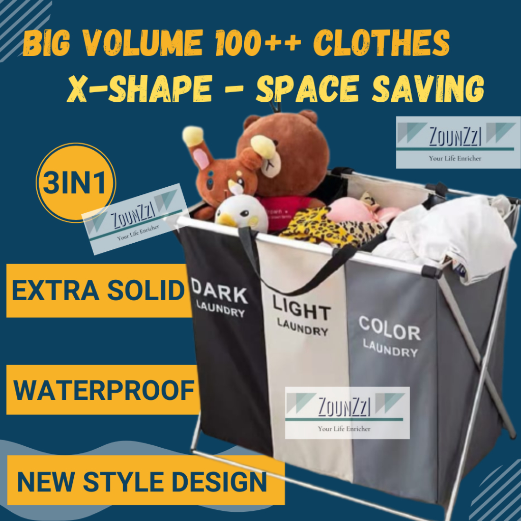 3IN1 กันน้ําพับตาข่ายสกปรกเสื้อผ้าซักรีด Hamper Storage Bakul Raga Baju กระเป๋าตะกร้า Rack กล่องขนาดใหญ่洗衣服 桶