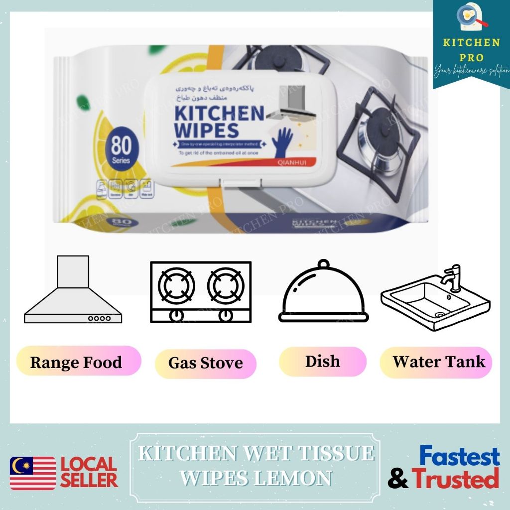 KITCHEN PRO Kitchen Wet Wipes พร้อมกลิ่นหอมโฟมและมะนาวในตัว (80 แผ่น) / Tisu Dapur