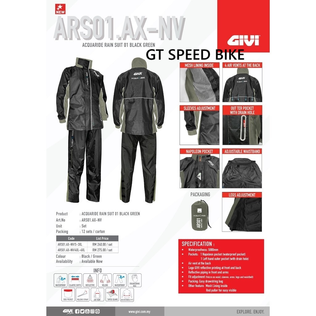 GIVI ARS01.AX-NV ACQUARIDE RAIN SUIT RAINCOAT สีดํา/เขียว S-6XL (ใหม่ MARCH 2025)