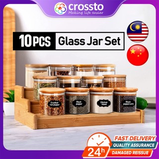 CROSSTO 💎10Pcs Set balang kaca💎 Rak Botol Perasa Buluh Pemegang Balang Kaca Kayu Penyusun Pemegang Balang Perisa