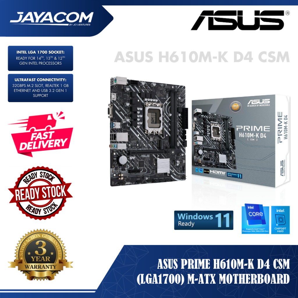 ASUS Prime H610M-K D4 CSM (LGA1700) เมนบอร์ด M-ATX (สล็อต 32Gbps M.2, Realtek 1GB Ethernet & รองรับ 