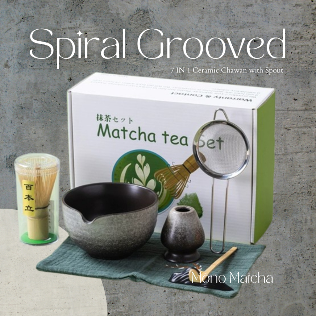 M套装no Matcha 7 IN 1 Artisanal Spiral Grooved Japanese Ceremic Spouted Chawan กล่องเครื่องมือ 7合1日式 S