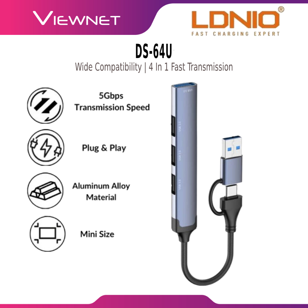 LDNIO DS-64U/DS-64C USB HUB ADAPTER CONVERTER MULTIPLE PORTS TYPE C 4 IN 1 5GBPS / 480MBPS SPEED FAS