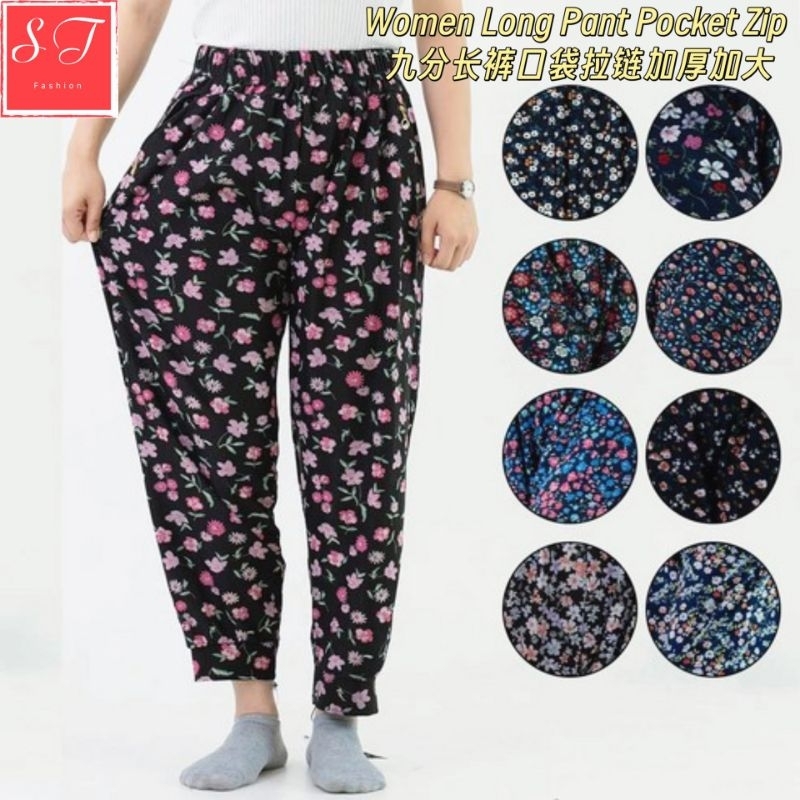 10230.C ผู้หญิงดอกไม้หนา Slack ยาวกางเกงกระเป๋าซิปผ้าฝ้าย Plus ขนาดสบาย/Seluar Slack Panjang กระเป๋า