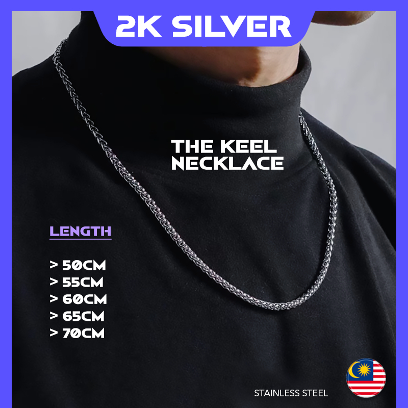 2KSILVER The Keel Stainless Steel Necklace Silver Chain Dragon Bone Men Necklace Rantai Leher Lelaki