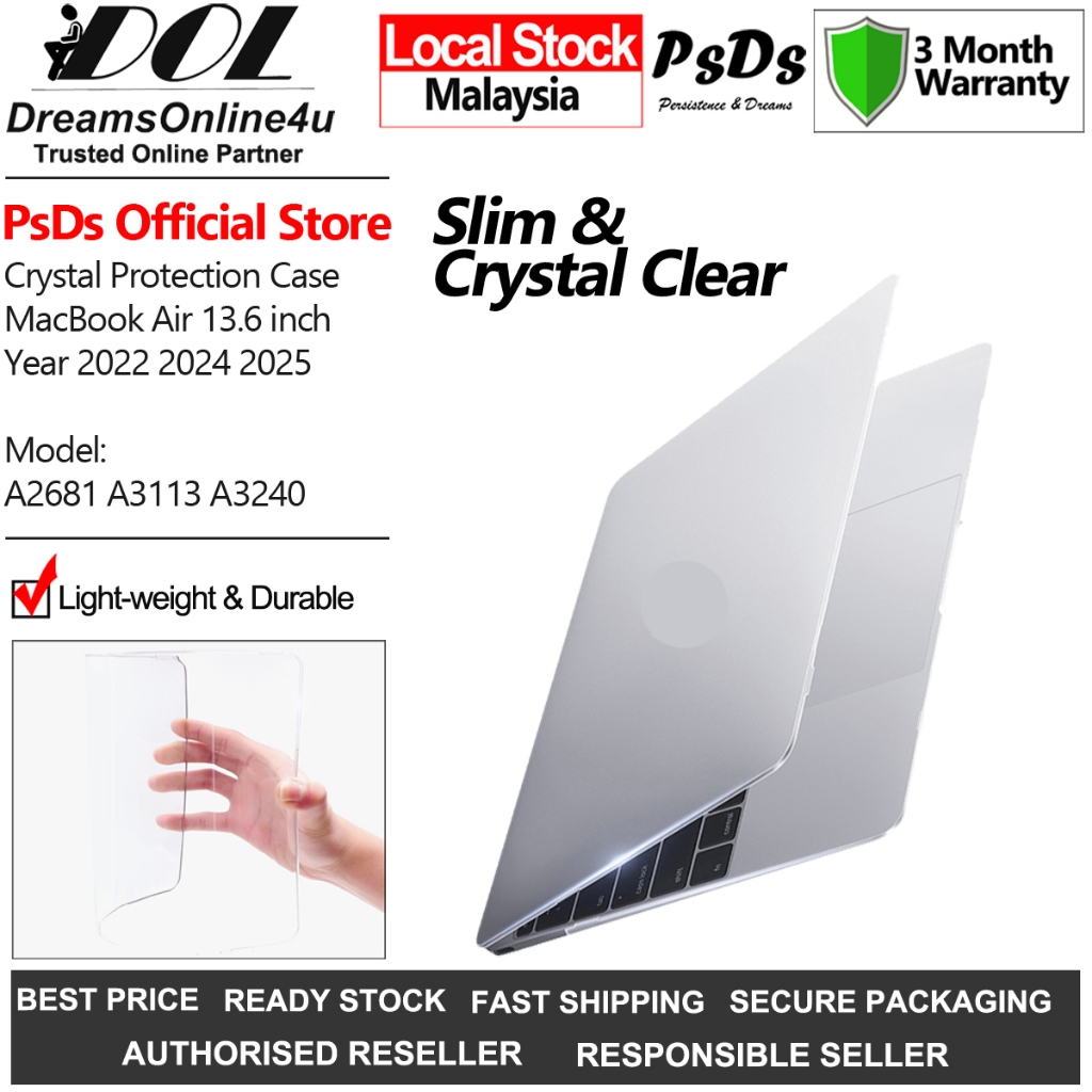 PsDs Crystal Clear Ultra Slim Light weight Hard Cover Case แล็ปท็อป MacBook Air 13 นิ้ว (M4) 2025 A3