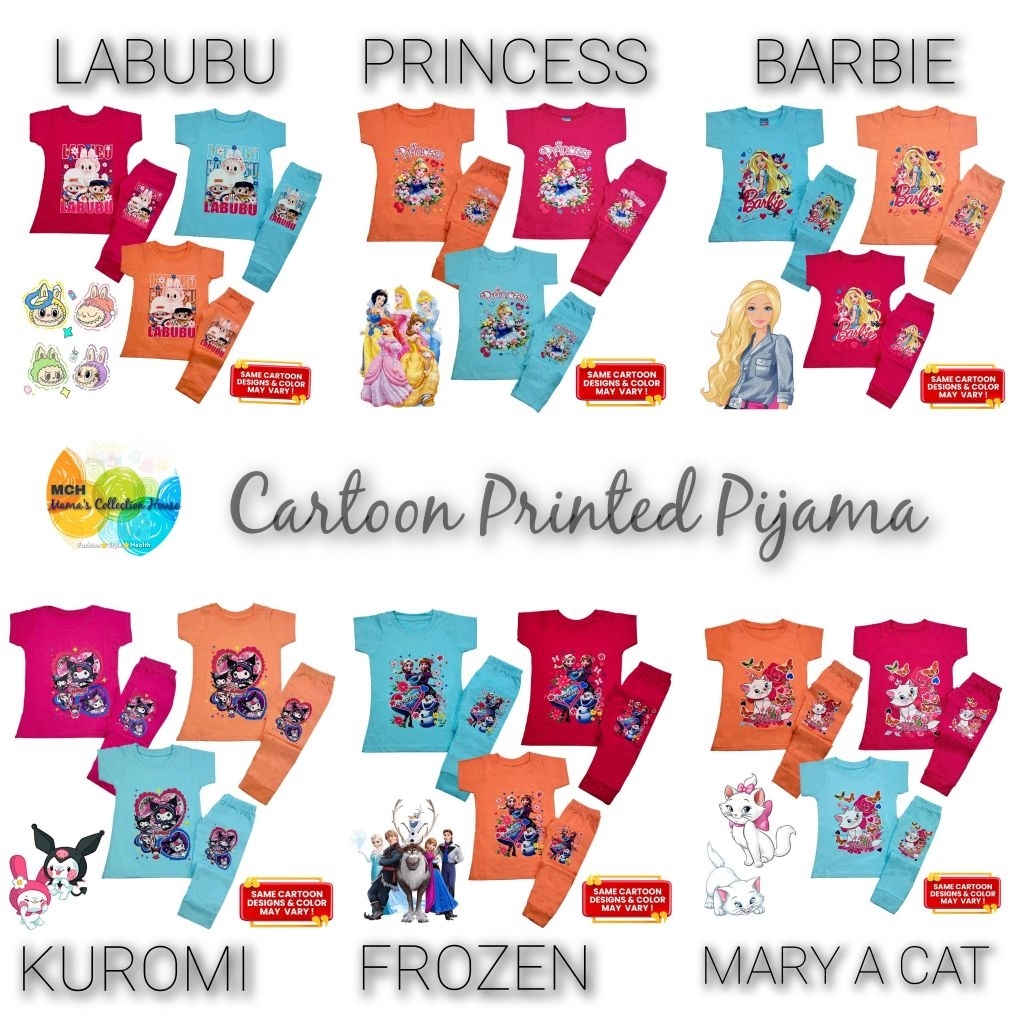 BAJU TIDUR SLEEPWEAR PIJAMA (1-6Y) Cotton DTF KUROMI Frozen cat barbie LABUBU princes Kids Budak Per