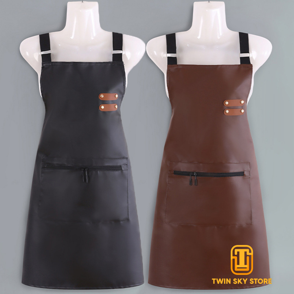 หนัง PU H-Type ผ้ากันเปื้อนสายรัดครัว Denim Unisex กระเป๋าด้านหน้า Chef Appron สีดํา Epron Epren