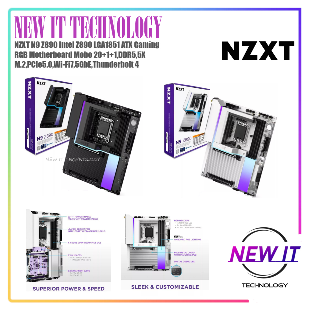 NZXT N9 Z890 Intel Z890 LGA1851 ATX Gaming RGB เมนบอร์ด Mobo 20+1+1,DDR5,5X M.2,PCIe5.0,Wi-Fi7,5GbE,