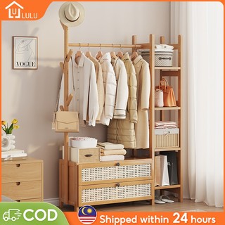 LULU Bamboo Clothes Drying Rack With Drawer Rak Baju 80/100CM Almari Rak Baju Penyangkut Pakaian 衣帽架