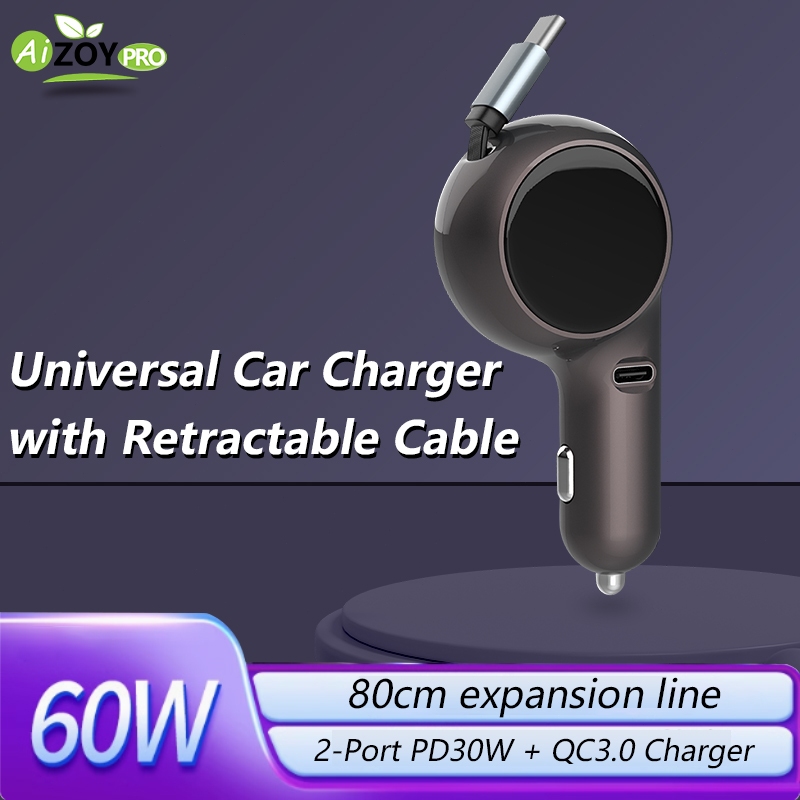 60W Retractable Car Charger 3 พอร์ต PD 3.0 USB Type C Fast Charging iPhone 16 Pro Samsung S25 iPad M