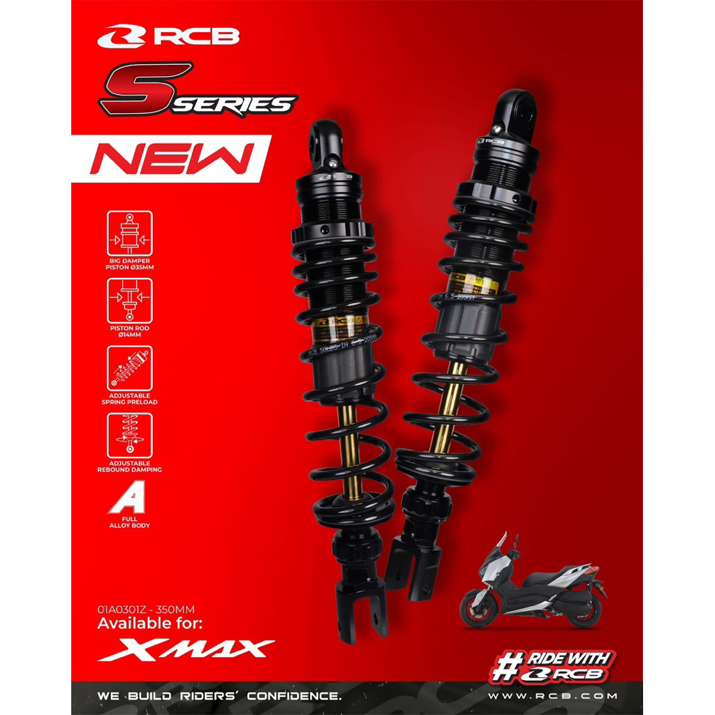 RCB ABSORBER S SERIES XMAX X-MAX V1 V2 V3 BLACK GOLD 350MM HITAM GOLD ADJUSTABLE RACING BOY
