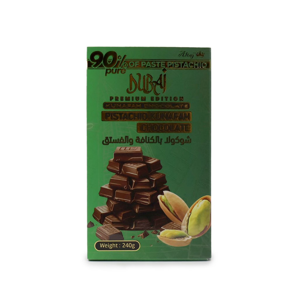 PISTACHIO KUNAFAH CHOCOLATE DUBAI 240G , 90% OF PASTE PURE PISTACHIO BY ALTAJ