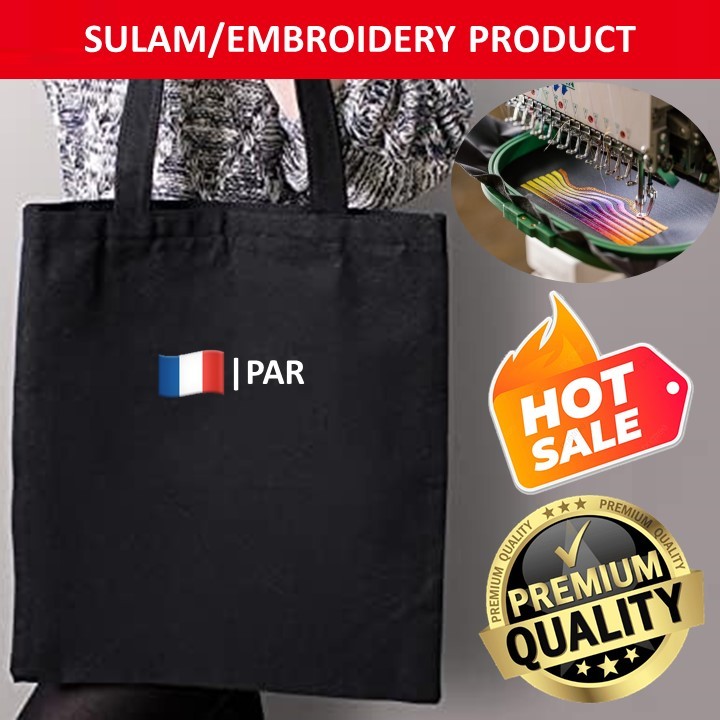EMBROIDERY SULAM EMOJIS PAR FRANCE FLAG LOGO BLACK CANVAS TOTE BAG