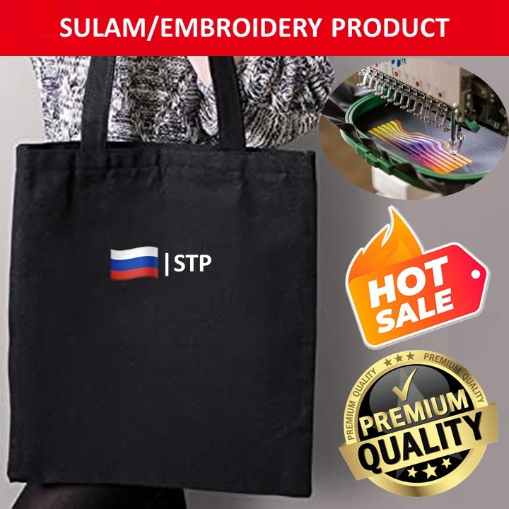 EMBROIDERY SULAM EMOJIS STP RUSSIA FLAG LOGO BLACK CANVAS TOTE BAG