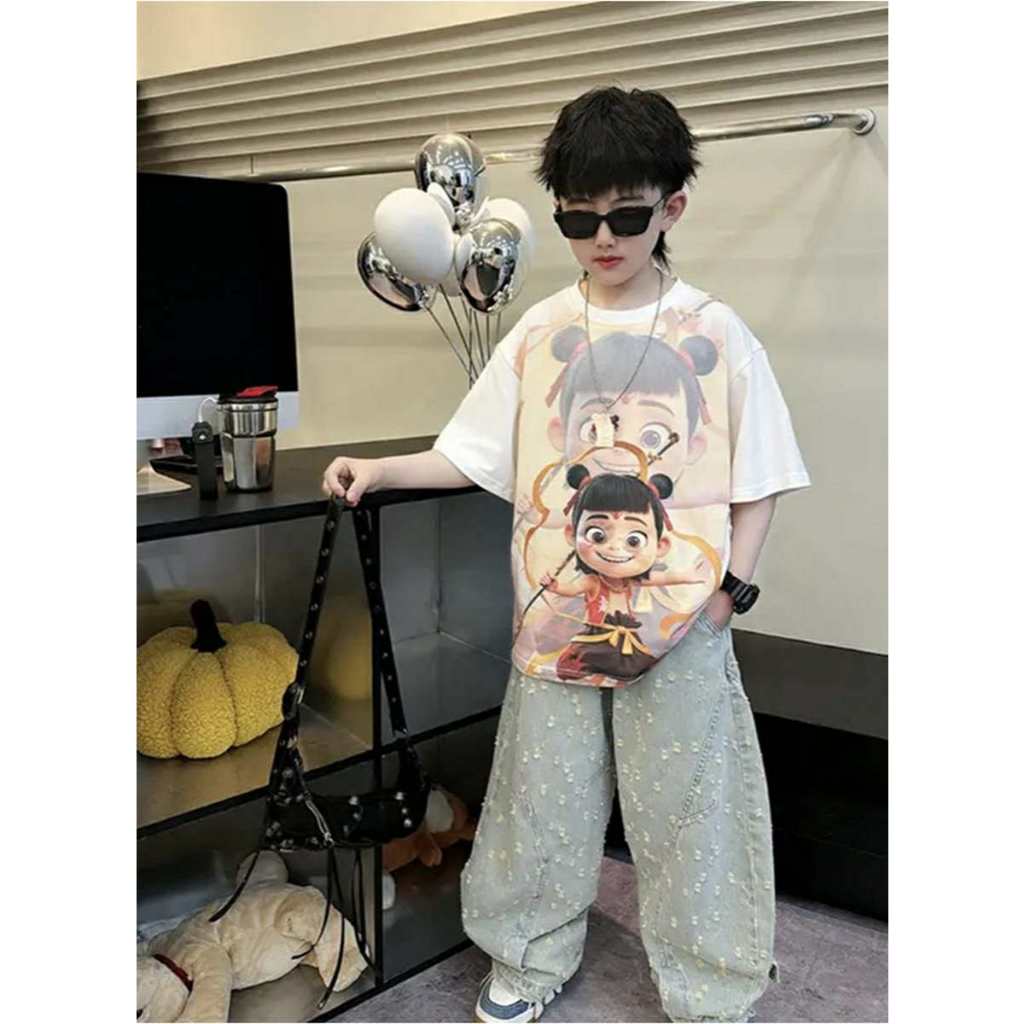 เสื้อยืดเด็กชาย Nezha Lighting ผู้ชายเสื้อยืด