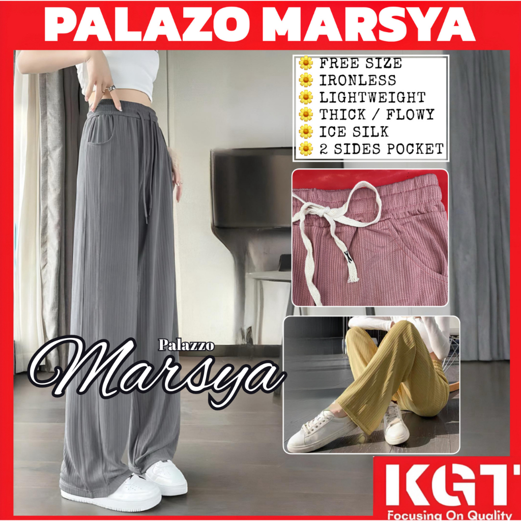 Marsya Palazo KGT Ironless ฟรีไซส์ KGT Palamo กางเกงผ้าไหมน้ําแข็ง Seluar Getah Palazo Panjang