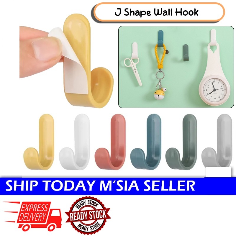 พลาสติกติดผนัง J Hook Shape Cangkuk Penyangkut Dinding Plastik แขวนผนัง Hook Punch ฟรี J Shape Hook