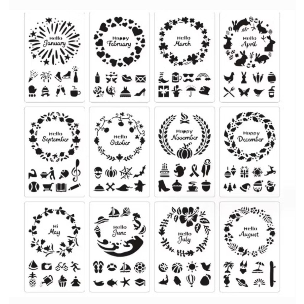 ที48. (12 ออกแบบ) MONTHS JANUARY - DECEMBER TEMPLATE STENCIL DRAWING