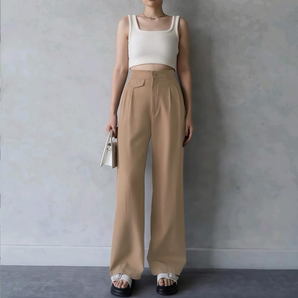 Seluar Slack Perempuan กางเกงตัดตรง Wanita Office Pant สุภาพสตรียืดหยุ่นเอวสูงหลวมกางเกงทรงหลวมผู้หญ