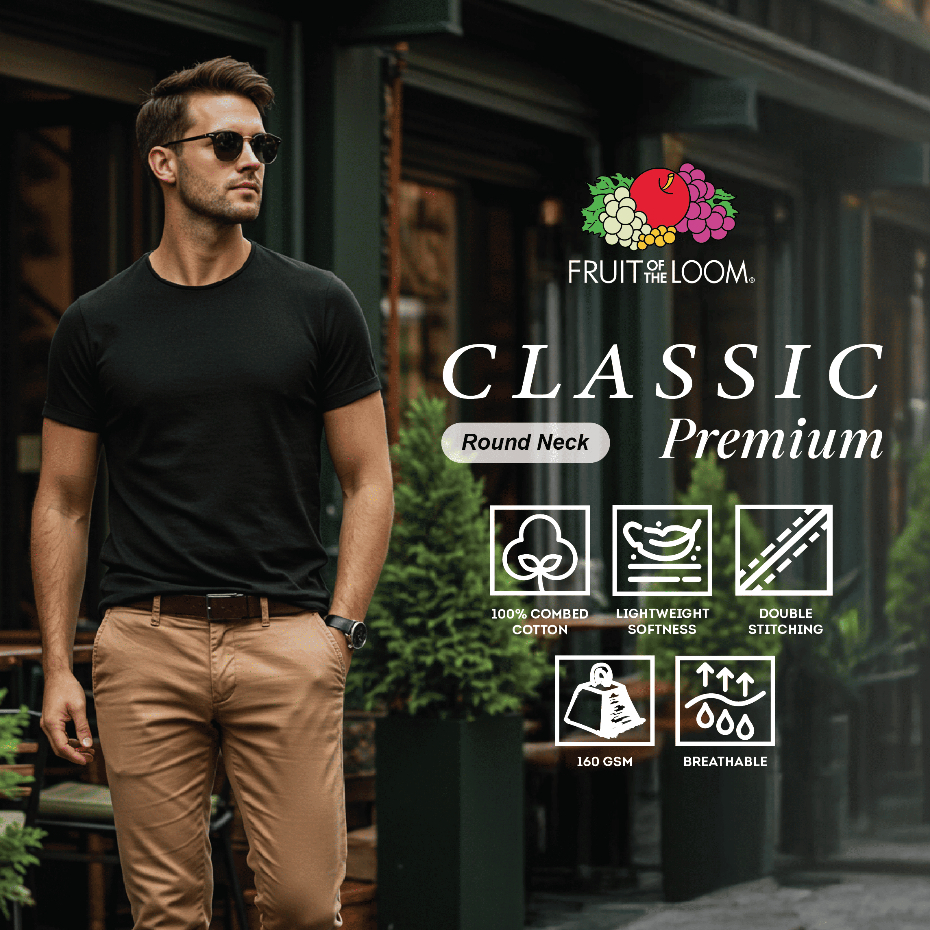 Fruit Of The Loom Classic Premium 160gsm เสื้อยืดคอกลมผ้าฝ้ายหวี