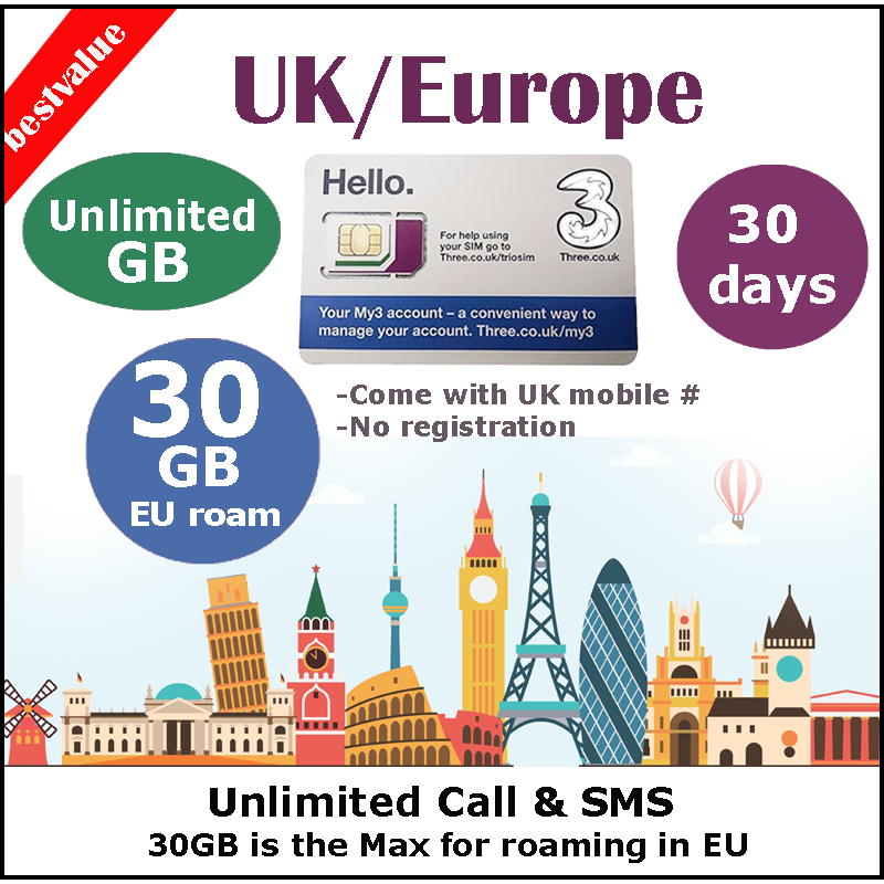 ยุโรป HK SG UK World THREE Travel Sim Card ข้อมูล GB ไม่จํากัด + โทรไม่จํากัด SMS นาน 30 วัน