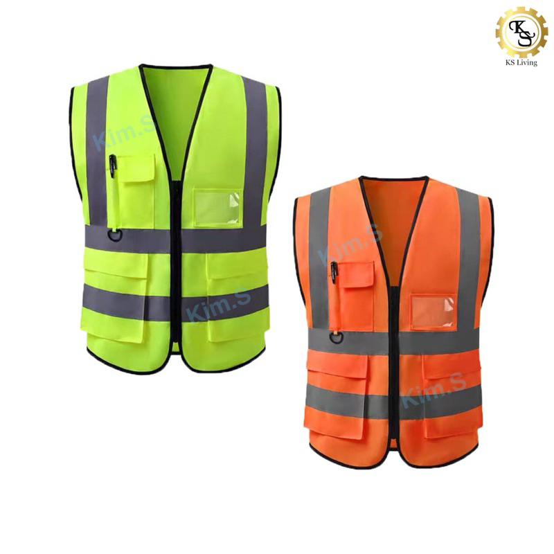 Kim.s Safety Vest Security Guard High Viz เสื้อกั๊กสะท้อนแสงผ้า Oxford กระเป๋าหลายกระเป๋าพร้อมซิปเสื้อกั๊กความปลอดภัย