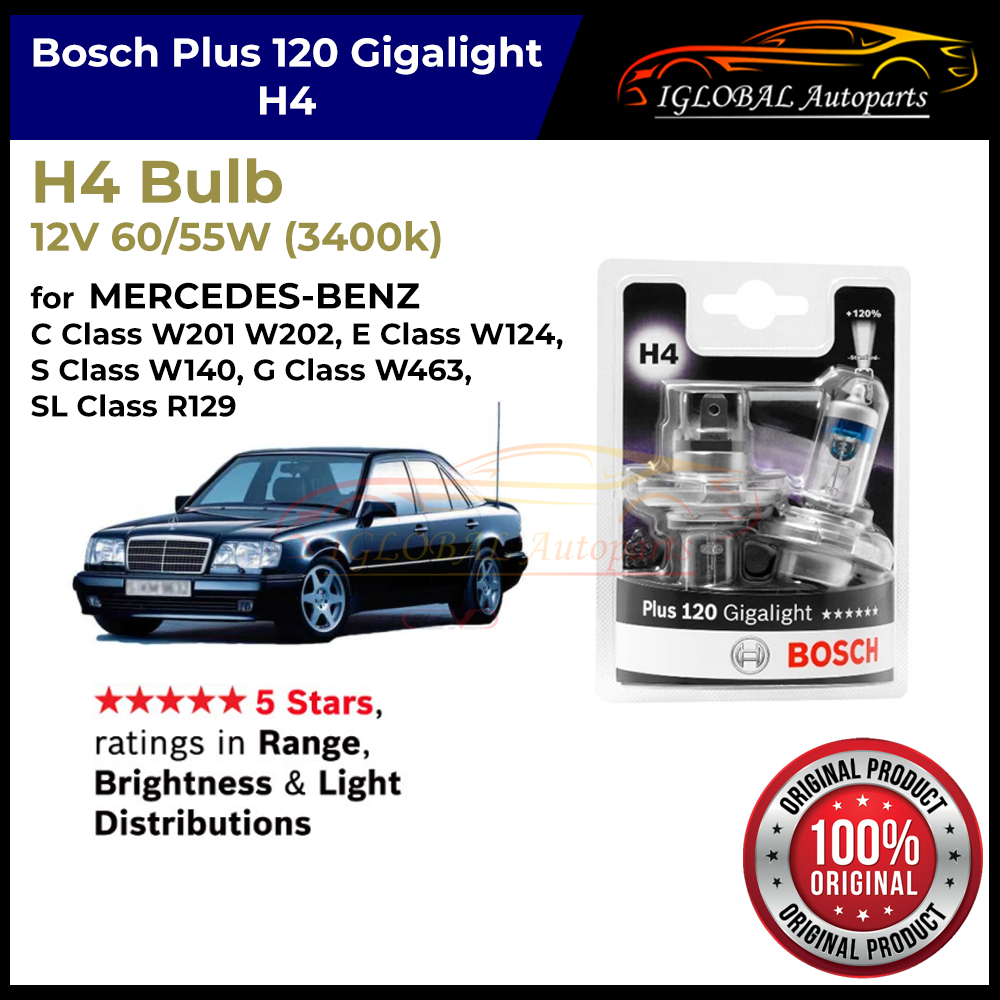 Bosch H4 Plus 120 Gigalight หลอดไฟหน้าสําหรับ Mercedes-Benz 124, CESG SL Class / W124 W140 W201 W202