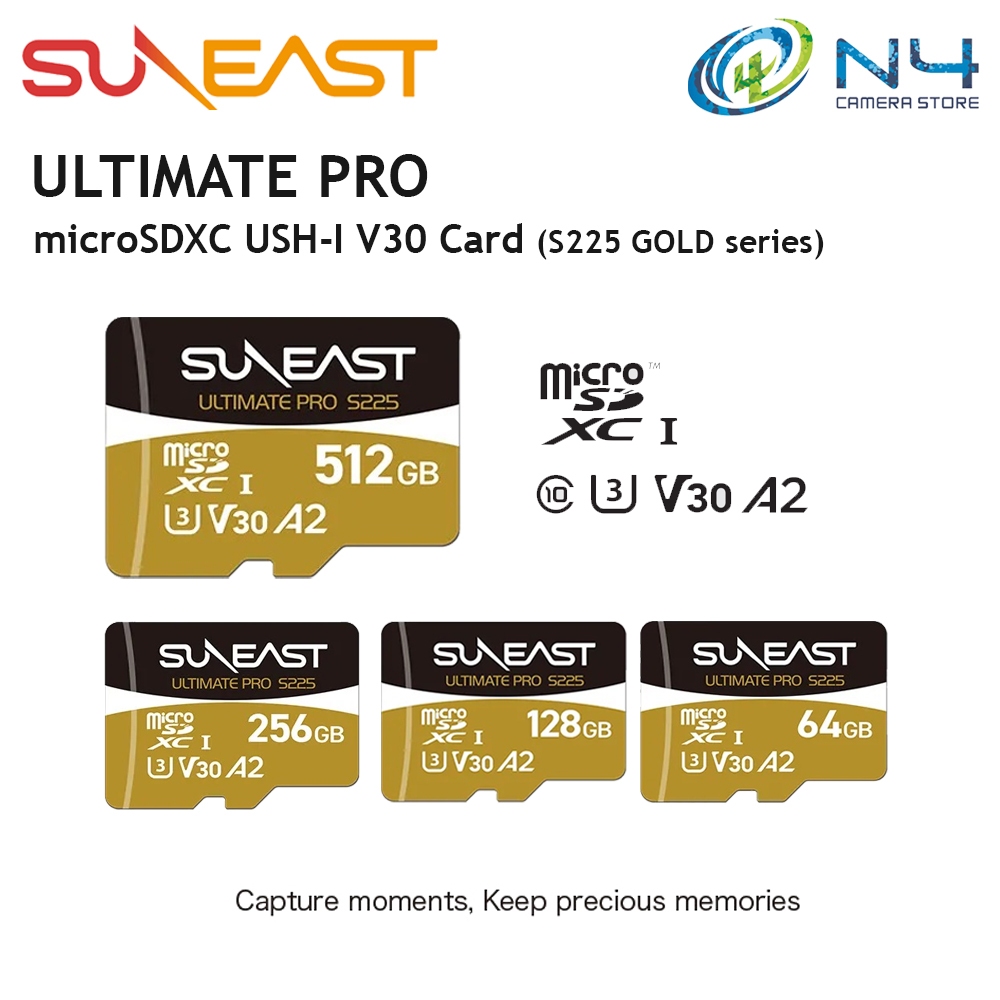 SUNEAST Ultimate Pro microSDXC USH I S225 Gold Series C10 V30 U3 การ์ด 208MB 64GB / 128GB / 256GB / 