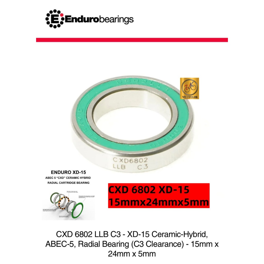 ENDURO CXD 6802 LLB - XD-15 Ceramic-Hybrid, ABEC-5, Radial Bearing (CN Clearance) - 15mm x 24mm x 5m