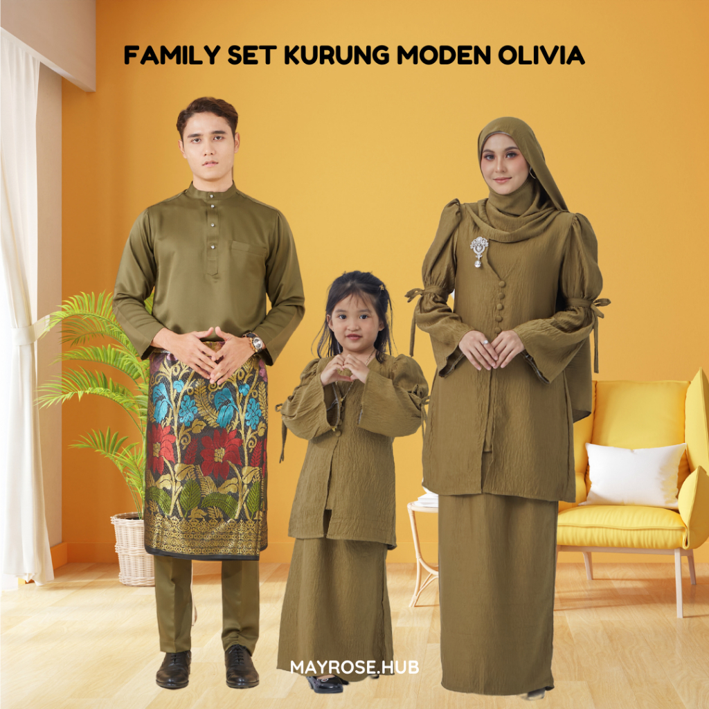 Raya 2026 Modern Kurung Lai Womens Cekak Musang Collar Collar ผู้ใหญ่ Family Olive Set