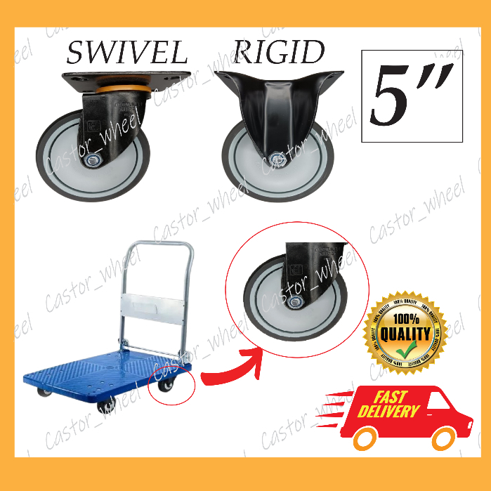 5" (125mm) HEAVY DUTY BANGFA PVC TROLLEY BLACK ELASTIC RUBBER SWIVEL/RIGID CASTOR/CASTER ROLLER RODA