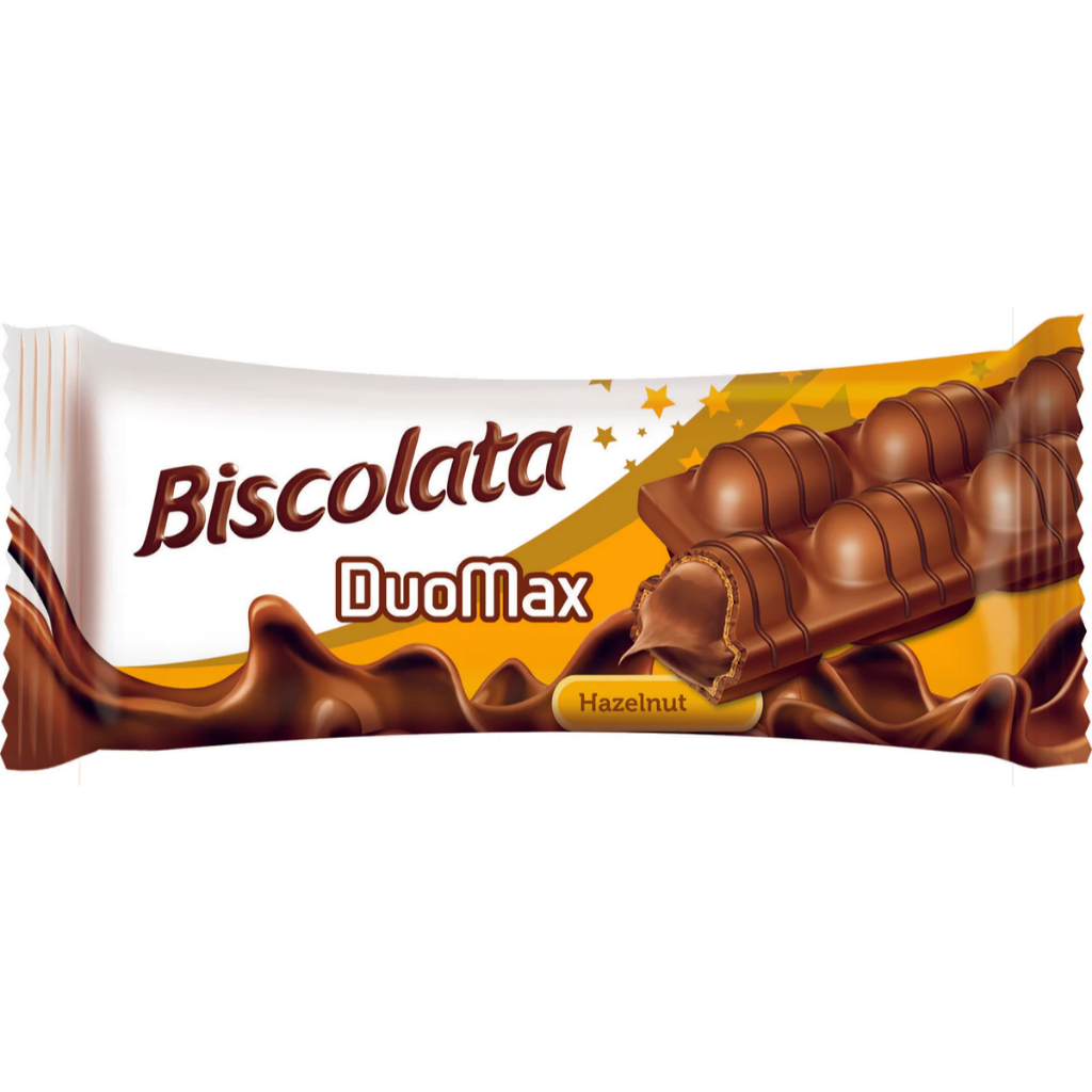 BISCOLATA DuoMax x2 HAZELNUT , เวเฟอร์เคลือบช็อกโกแลตนมผสมเฮเซลนัท Carem 44g { 1PC } Rich Chocolate💯