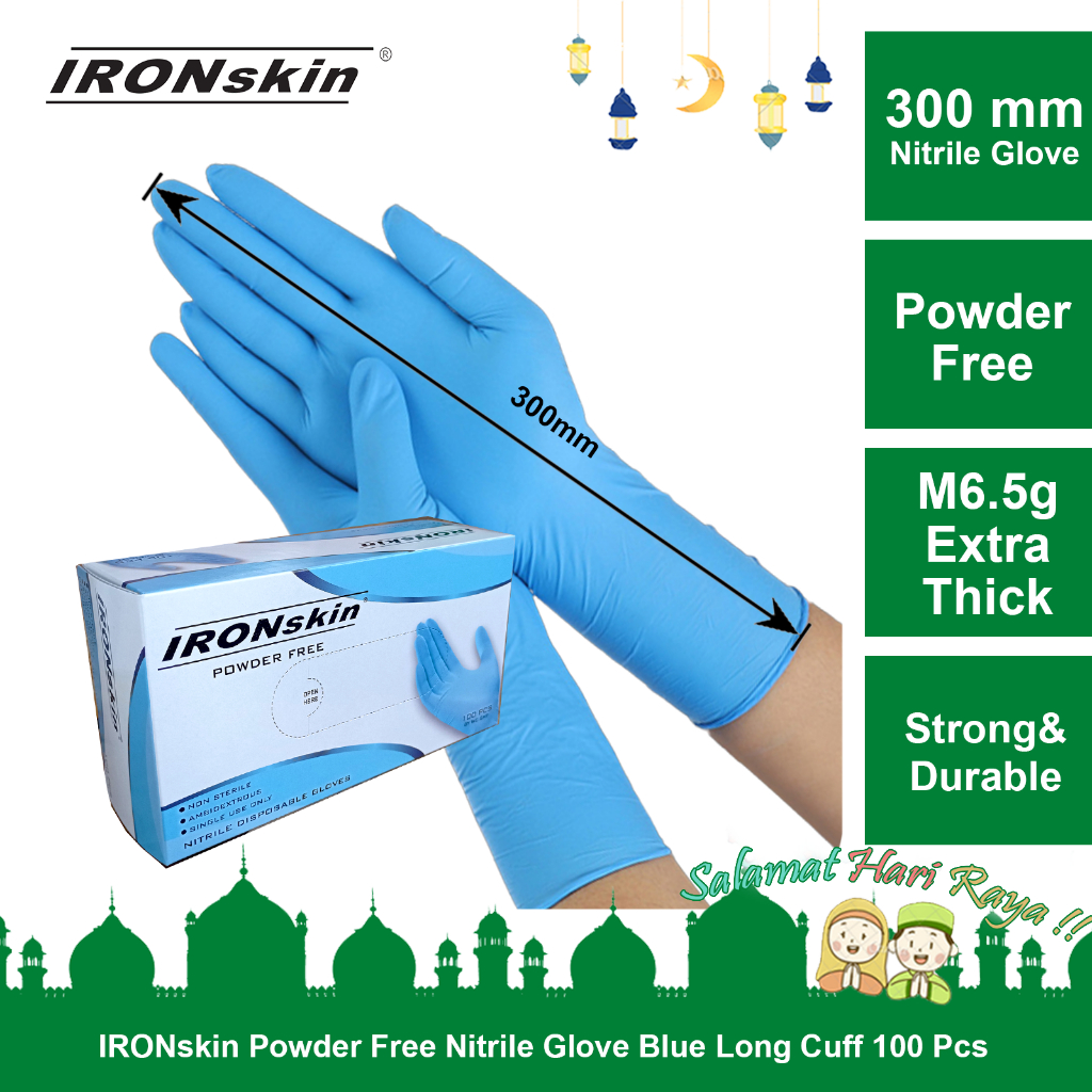 Ironskin Powder Free Nitrile Blue Glove Long Cuff 300mm 50pcs 100pcs อเนกประสงค์ทั่วไป