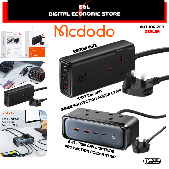 รับประกัน1Yr MCDODO 70W 2C+1A+1AC หรือ 2C+2A+2AC GAN Lightning Protection Power Strip UK Plug CH 466