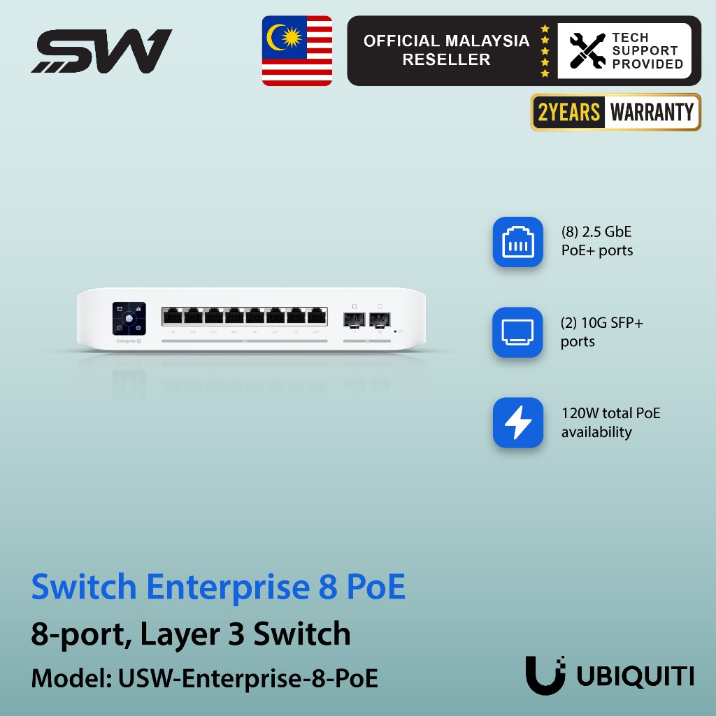 Ubiquiti USW-Enterprise-8-Poe 8 พอร์ต PoE Switch 2.5GbE Layer 3 จัดการ