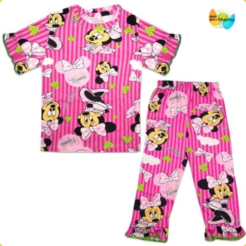 BAJU TIDUR /SLEEPWEAR /PIJAMA MINI MOUSE STRIPES KIDS COTTON INTERLOCK FULL PRINTED GIRL