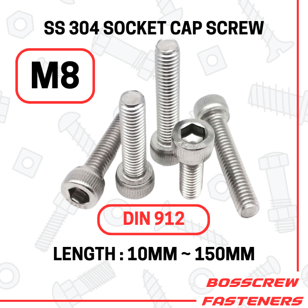 SS 304 สกรูหัวจม m8 x (10mm ~ 150mm) (1.25mm Pitch) น็อตอัลเลน, สกรูหมวกอัลเลน, มอเตอร์ครู