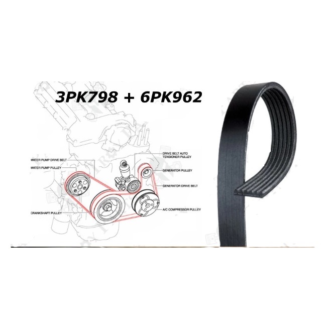 สายพานพัดลม Mazda / Aircond / ไดชาร์จ 3PK798 + 6PK962 สําหรับ Mazda CX3 CX-3 CX5 CX-5 2.0 Mazda Bian