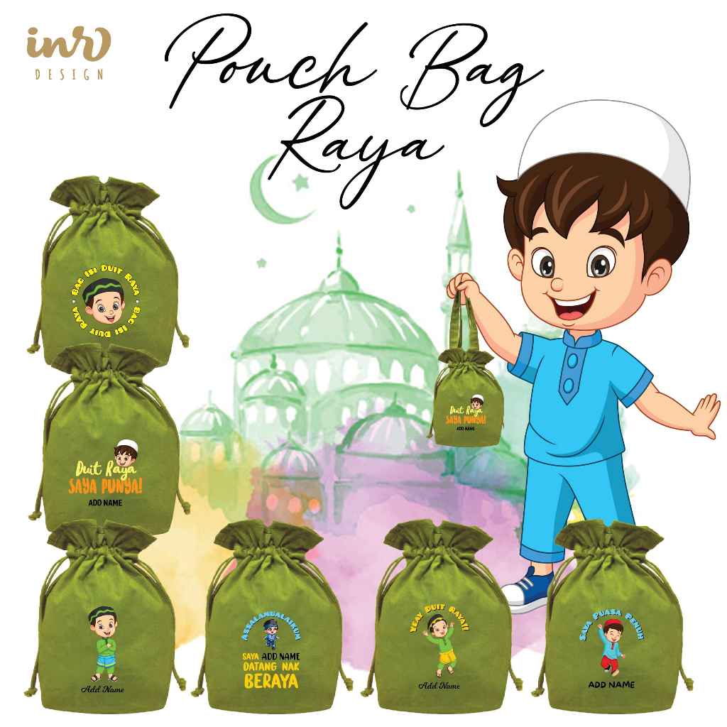Pouch Bag Raya GREEN Beg Duit Raya Kids Uncang Duit Raya 2025 กระเป๋าแคนวาสพร้อมเชือกรูด